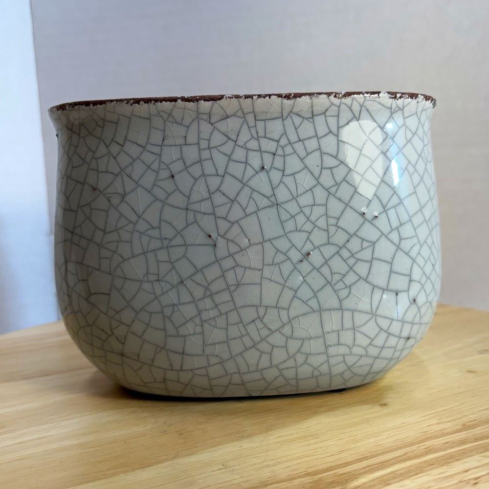 Hobby Lobby Crackle Glaze Ceramic Oval Planter 7in White Brown Glossy W034903